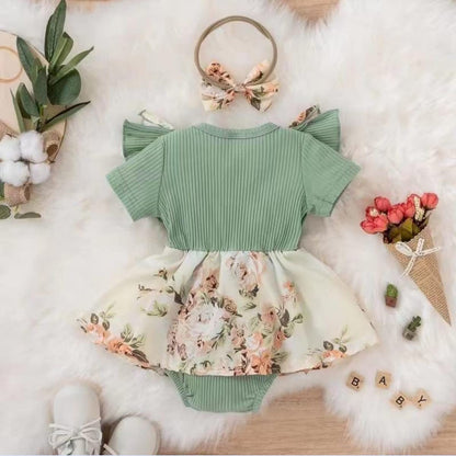 Newborn Baby Girl Romper Dresses Clothes Set Short Sleeve Floral Ruffle Bow Overall Bodysuit Onesie Floral Skirt Hem Outfit