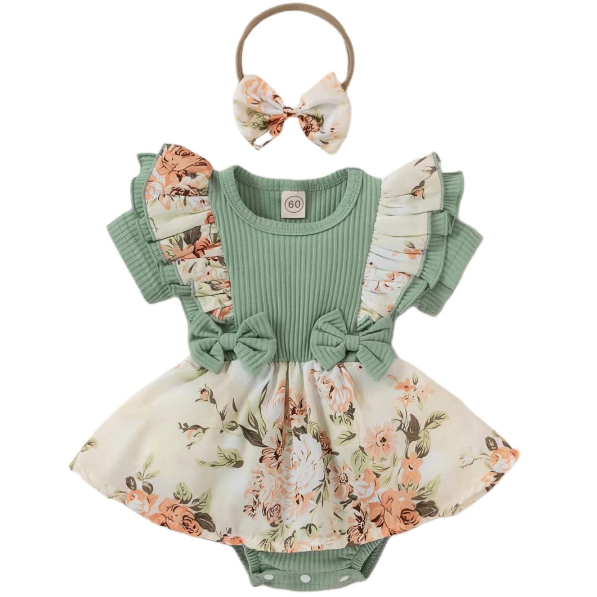 Newborn Baby Girl Romper Dresses Clothes Set Short Sleeve Floral Ruffle Bow Overall Bodysuit Onesie Floral Skirt Hem Outfit
