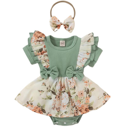 Newborn Baby Girl Romper Dresses Clothes Set Short Sleeve Floral Ruffle Bow Overall Bodysuit Onesie Floral Skirt Hem Outfit