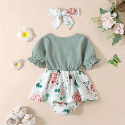 Newborn Baby Girl Romper Dresses Clothes Set Short Sleeve Floral Ruffle Bow Overall Bodysuit Onesie Floral Skirt Hem Outfit