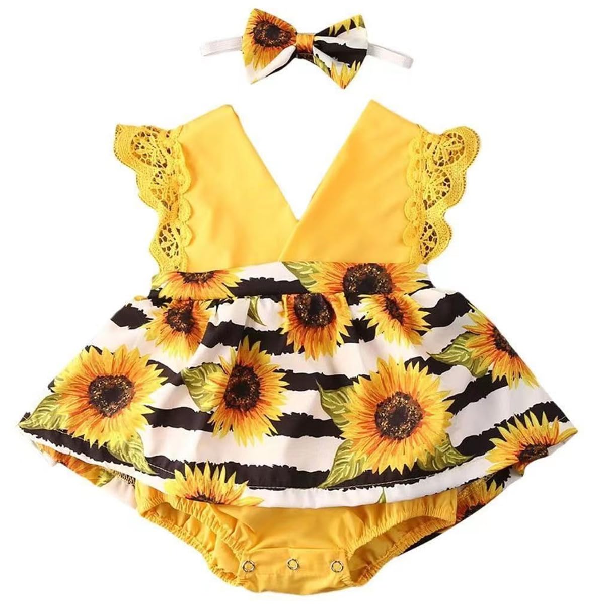 Newborn Baby Girl Romper Dresses Clothes Set Short Sleeve Floral Ruffle Bow Overall Bodysuit Onesie Floral Skirt Hem Outfit