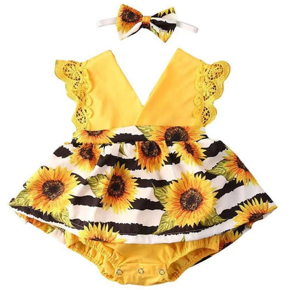 Newborn Baby Girl Romper Dresses Clothes Set Short Sleeve Floral Ruffle Bow Overall Bodysuit Onesie Floral Skirt Hem Outfit