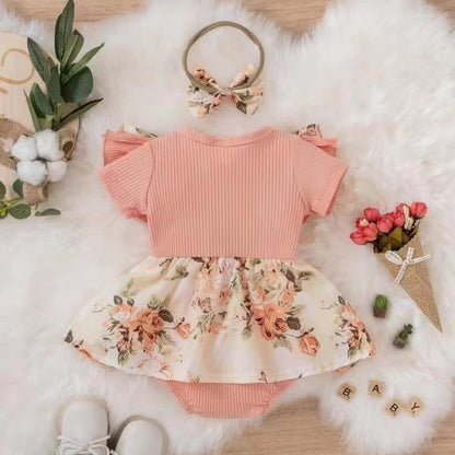Newborn Baby Girl Romper Dresses Clothes Set Short Sleeve Floral Ruffle Bow Overall Bodysuit Onesie Floral Skirt Hem Outfit