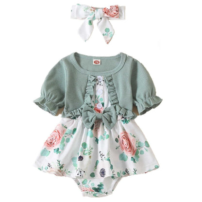 Newborn Baby Girl Romper Dresses Clothes Set Short Sleeve Floral Ruffle Bow Overall Bodysuit Onesie Floral Skirt Hem Outfit