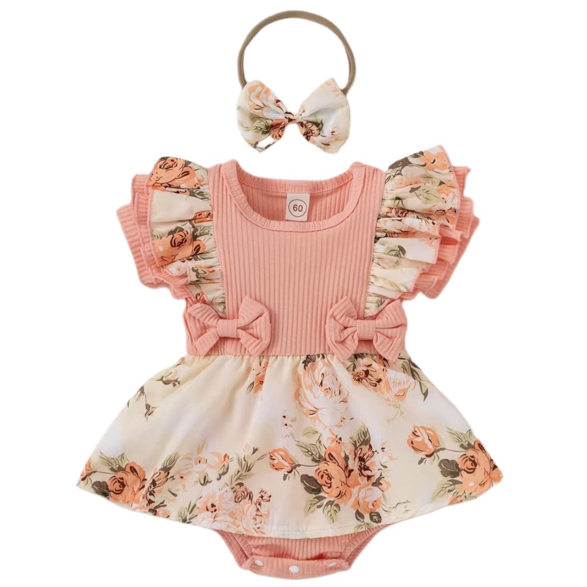 Newborn Baby Girl Romper Dresses Clothes Set Short Sleeve Floral Ruffle Bow Overall Bodysuit Onesie Floral Skirt Hem Outfit