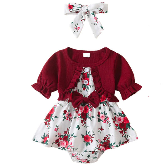 Newborn Baby Girl Romper Dresses Clothes Set Short Sleeve Floral Ruffle Bow Overall Bodysuit Onesie Floral Skirt Hem Outfit
