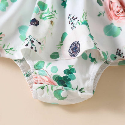 Newborn Baby Girl Romper Dresses Clothes Set Short Sleeve Floral Ruffle Bow Overall Bodysuit Onesie Floral Skirt Hem Outfit