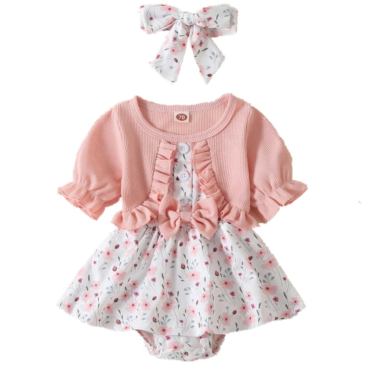 Newborn Baby Girl Romper Dresses Clothes Set Short Sleeve Floral Ruffle Bow Overall Bodysuit Onesie Floral Skirt Hem Outfit