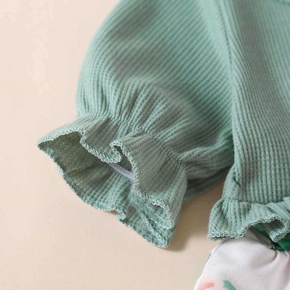 Newborn Baby Girl Romper Dresses Clothes Set Short Sleeve Floral Ruffle Bow Overall Bodysuit Onesie Floral Skirt Hem Outfit