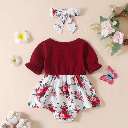 Newborn Baby Girl Romper Dresses Clothes Set Short Sleeve Floral Ruffle Bow Overall Bodysuit Onesie Floral Skirt Hem Outfit