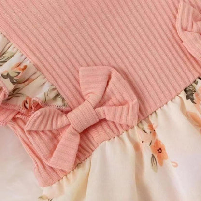 Newborn Baby Girl Romper Dresses Clothes Set Short Sleeve Floral Ruffle Bow Overall Bodysuit Onesie Floral Skirt Hem Outfit