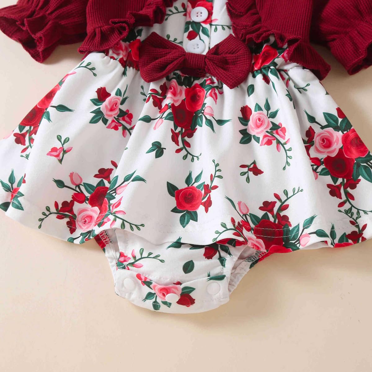 Newborn Baby Girl Romper Dresses Clothes Set Short Sleeve Floral Ruffle Bow Overall Bodysuit Onesie Floral Skirt Hem Outfit