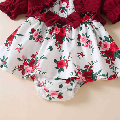 Newborn Baby Girl Romper Dresses Clothes Set Short Sleeve Floral Ruffle Bow Overall Bodysuit Onesie Floral Skirt Hem Outfit