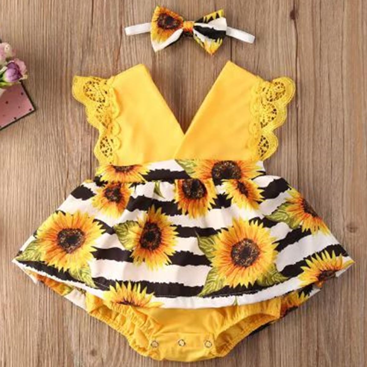 Newborn Baby Girl Romper Dresses Clothes Set Short Sleeve Floral Ruffle Bow Overall Bodysuit Onesie Floral Skirt Hem Outfit