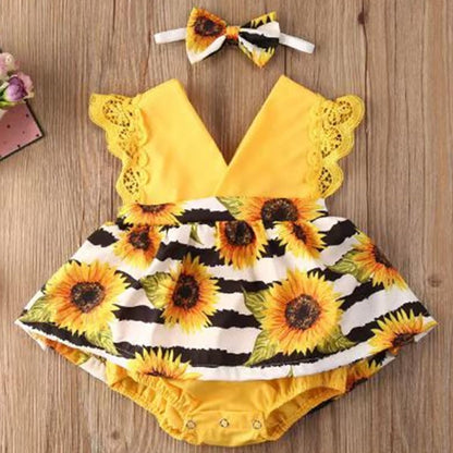 Newborn Baby Girl Romper Dresses Clothes Set Short Sleeve Floral Ruffle Bow Overall Bodysuit Onesie Floral Skirt Hem Outfit