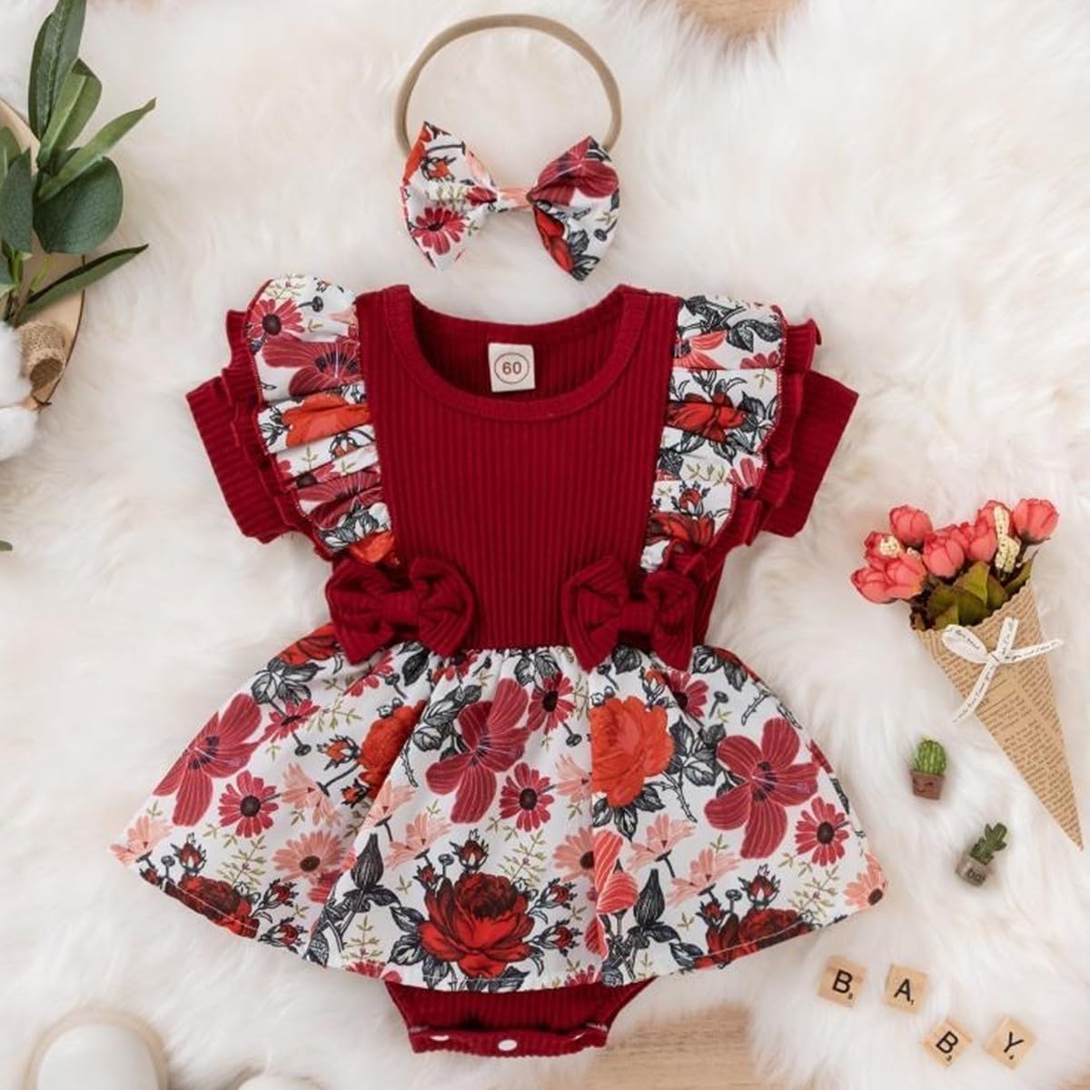 Newborn Baby Girl Romper Dresses Clothes Set Short Sleeve Floral Ruffle Bow Overall Bodysuit Onesie Floral Skirt Hem Outfit