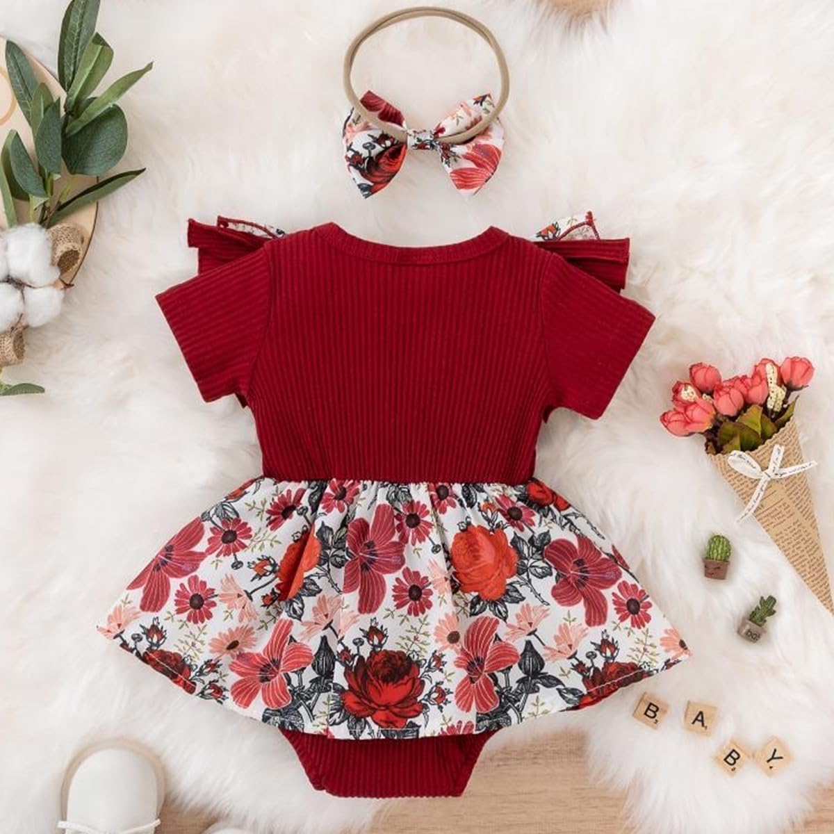 Newborn Baby Girl Romper Dresses Clothes Set Short Sleeve Floral Ruffle Bow Overall Bodysuit Onesie Floral Skirt Hem Outfit