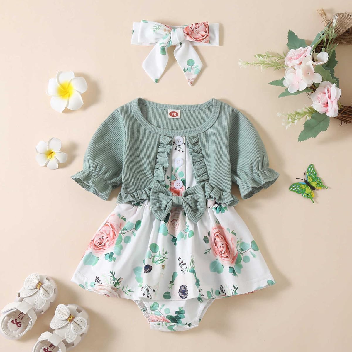 Newborn Baby Girl Romper Dresses Clothes Set Short Sleeve Floral Ruffle Bow Overall Bodysuit Onesie Floral Skirt Hem Outfit