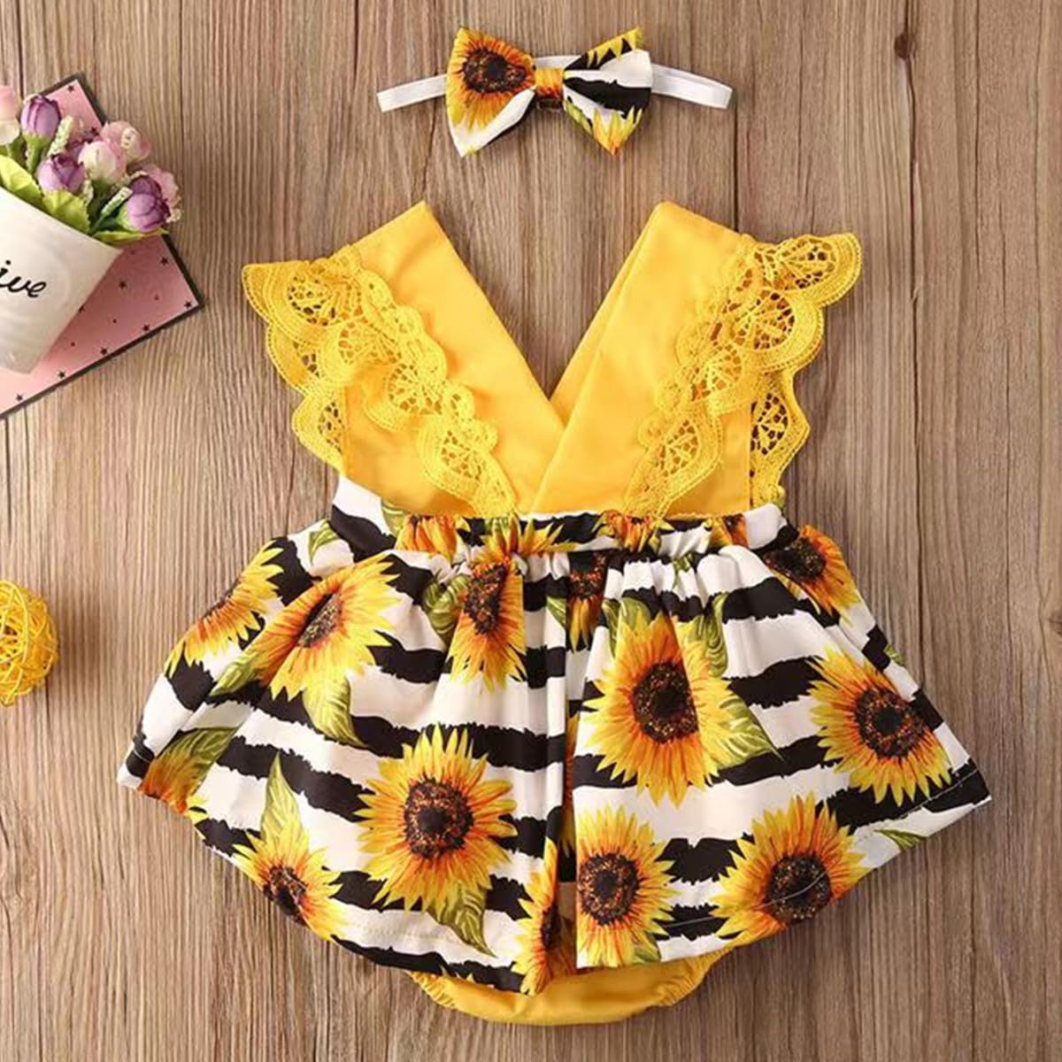 Newborn Baby Girl Romper Dresses Clothes Set Short Sleeve Floral Ruffle Bow Overall Bodysuit Onesie Floral Skirt Hem Outfit