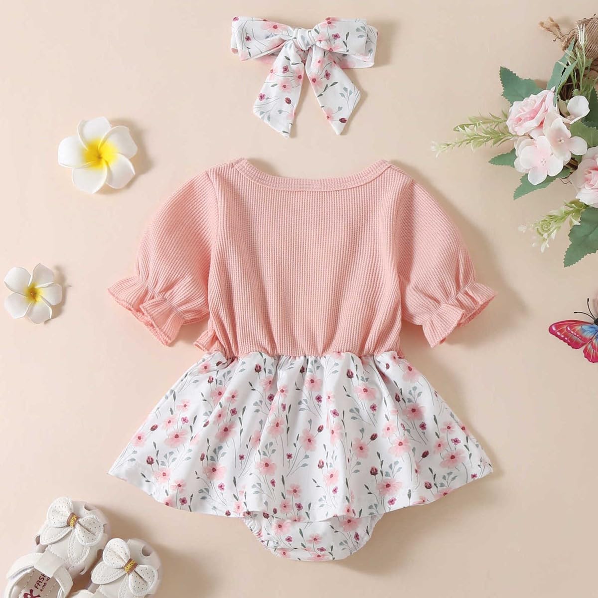Newborn Baby Girl Romper Dresses Clothes Set Short Sleeve Floral Ruffle Bow Overall Bodysuit Onesie Floral Skirt Hem Outfit