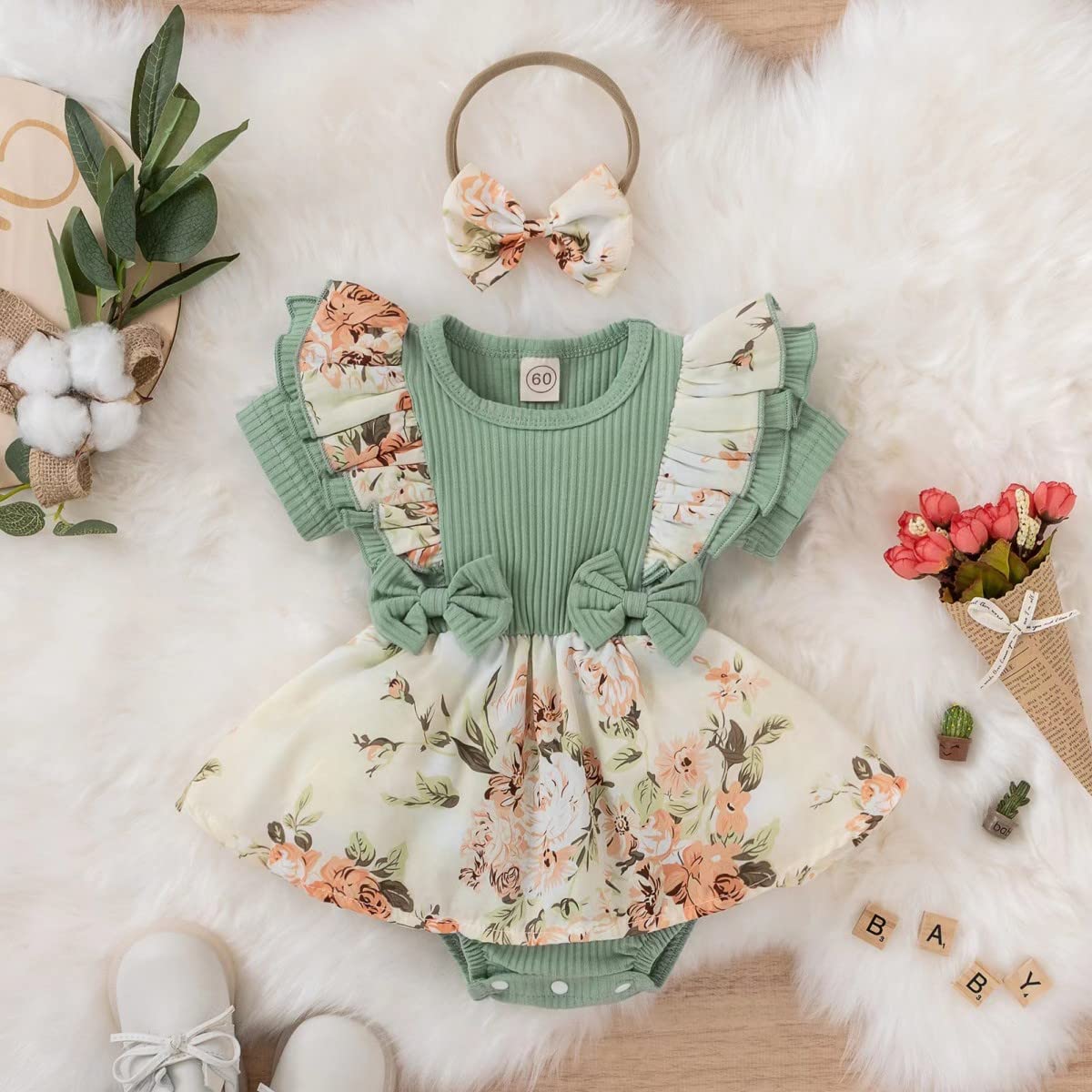 Newborn Baby Girl Romper Dresses Clothes Set Short Sleeve Floral Ruffle Bow Overall Bodysuit Onesie Floral Skirt Hem Outfit