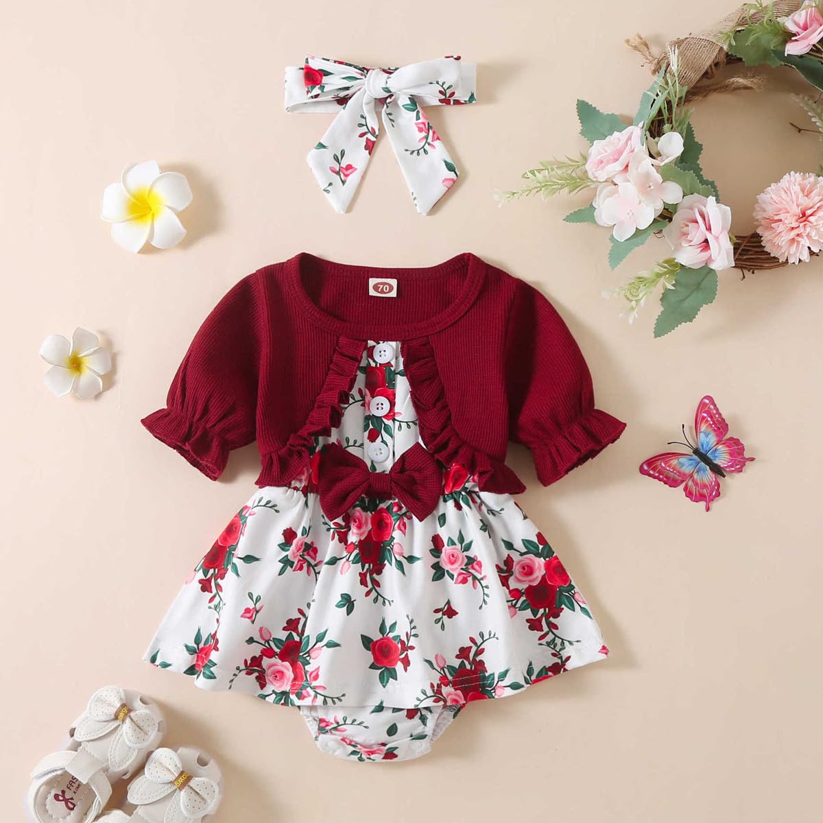 Newborn Baby Girl Romper Dresses Clothes Set Short Sleeve Floral Ruffle Bow Overall Bodysuit Onesie Floral Skirt Hem Outfit
