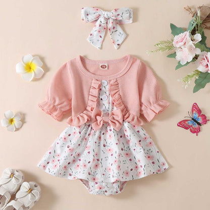 Newborn Baby Girl Romper Dresses Clothes Set Short Sleeve Floral Ruffle Bow Overall Bodysuit Onesie Floral Skirt Hem Outfit