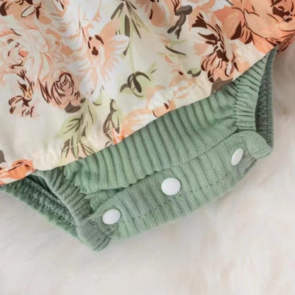 Newborn Baby Girl Romper Dresses Clothes Set Short Sleeve Floral Ruffle Bow Overall Bodysuit Onesie Floral Skirt Hem Outfit