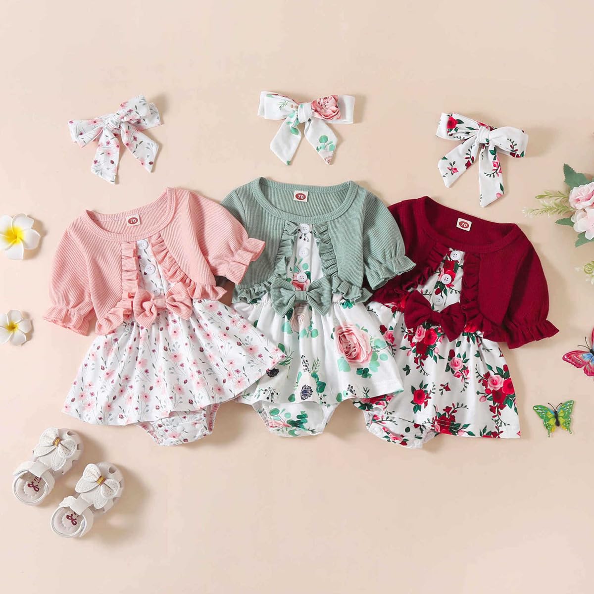 Newborn Baby Girl Romper Dresses Clothes Set Short Sleeve Floral Ruffle Bow Overall Bodysuit Onesie Floral Skirt Hem Outfit