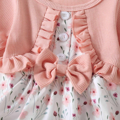Newborn Baby Girl Romper Dresses Clothes Set Short Sleeve Floral Ruffle Bow Overall Bodysuit Onesie Floral Skirt Hem Outfit