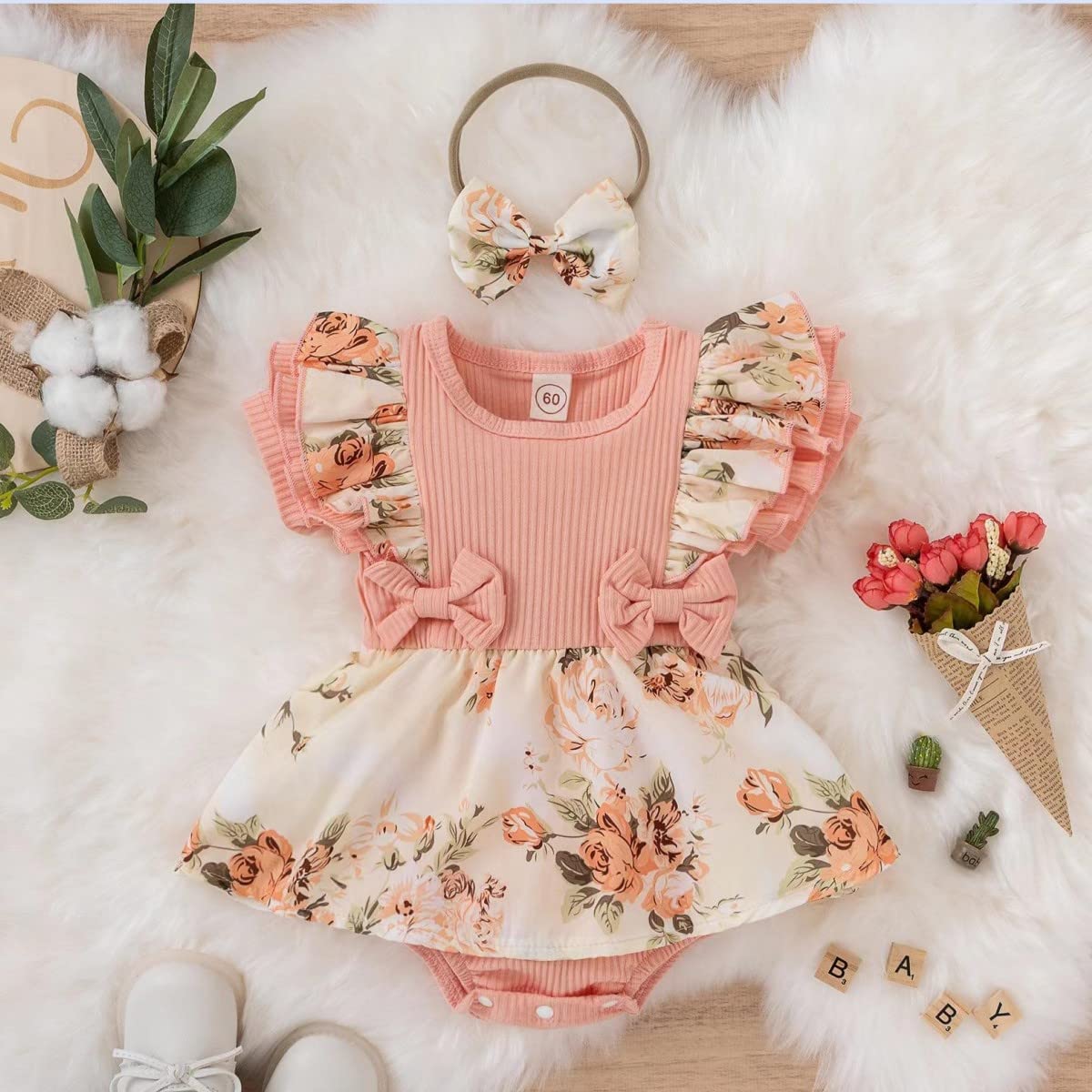 Newborn Baby Girl Romper Dresses Clothes Set Short Sleeve Floral Ruffle Bow Overall Bodysuit Onesie Floral Skirt Hem Outfit